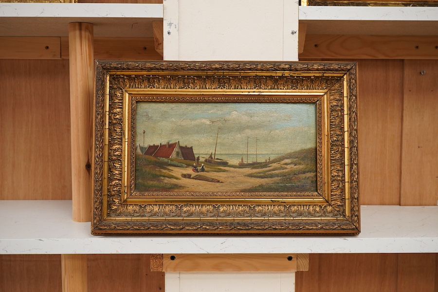 19th century, Dutch School, Coastal view with figures, indistinctly signed lower left, oil on panel, 14.5 x 29cm